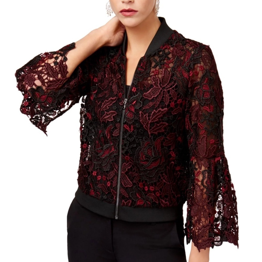 Kobi "Toryn" Black Burgundy & Aubergine 3/4 Sleeve Lace Bomber Jacket